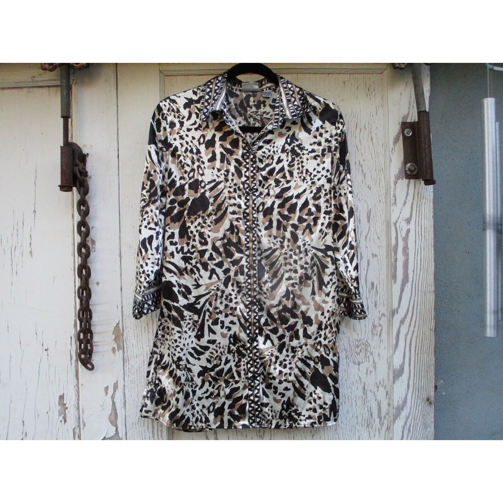 Chicos Animal Print Long Satin Button Down Blouse Shirt Chico Size 0 or Small
